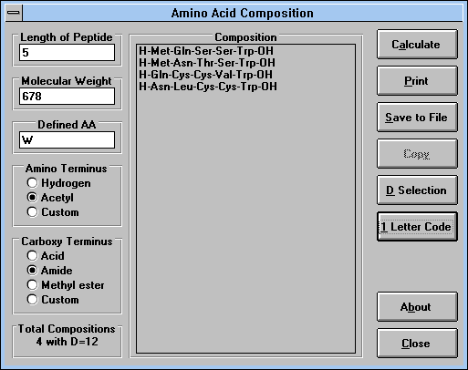 Screen Capture of Amino Acid Composition Window