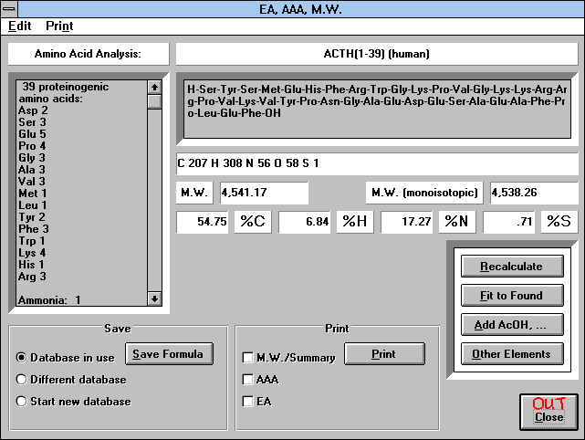 Screen Capture of Elemental Analysis Window