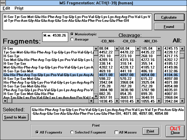 Screen Capture of MS Fragmentation Window